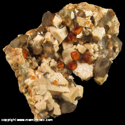 Minerals Specimen: Spessartine Garnet, Smoky Quartz, Fluorite, Microcline from Tongbei, Fujian, China Minerals Specimen: Spessartine Garnet, Smoky Quartz, Fluorite, Microcline from Tongbei, Fujian, China