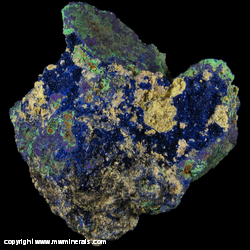 Minerals Specimen: Azurite Crystals, Malachite on Sulfide Matrix from Arizona