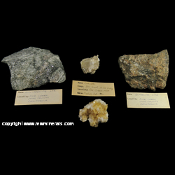 Mineral Specimen: 4 Mineral Specimens Containing Moybdenite, Scheelite, Calcite, Stilbite, Laumontite from Pine Creek Mine (Black Monster Mine; Snow Queen Mine; Pine Creek Tungsten Mine & mill; Pine Creek apt plant; Pine Creek custom mill), Scheelite, Bishop District (Tungsten Hills District), Inyo Co., California Mineral Specimen: 4 Mineral Specimens Containing Moybdenite, Scheelite, Calcite, Stilbite, Laumontite from Pine Creek Mine (Black Monster Mine; Snow Queen Mine; Pine Creek Tungsten Mine & mill; Pine Creek apt plant; Pine Creek custom mill), Scheelite, Bishop District (Tungsten Hills District), Inyo Co., California