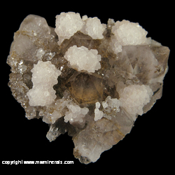 Mineral Specimen: Calcite on Smoky Quartz with Inclusions from Blackdene Mine, Ireshopeburn, Weardale, North Pennines, Co. Durham, England Mineral Specimen: Calcite on Smoky Quartz with Inclusions from Blackdene Mine, Ireshopeburn, Weardale, North Pennines, Co. Durham, England