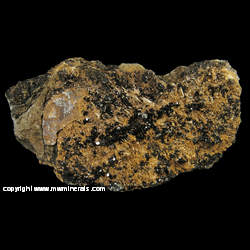 Mineral Specimen: Melanite Garnet (Titanium Rich Andradite), Unidentified  Tan Crystals (likely Diopside) from New Idria District, Diablo Range, San Benito Co., California