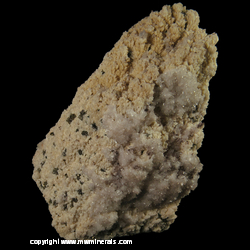 Mineral Specimen: Calcite and Pyrite Crystals on Dolomite on Manganoan Calcite from Mina El Cobre, Zacatecas, Mexico Mineral Specimen: Calcite and Pyrite Crystals on Dolomite on Manganoan Calcite from Mina El Cobre, Zacatecas, Mexico