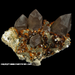 Mineral Specimen: Spessartine Garnet variety Hessonite, Smoky Quartz, Microcline, minor Hyaline Opal from Tongbei, Fujian, China Mineral Specimen: Spessartine Garnet variety Hessonite, Smoky Quartz, Microcline, minor Hyaline Opal from Tongbei, Fujian, China
