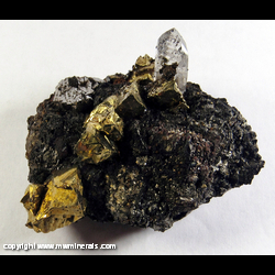 Minerals Specimen: Stannite, Chalcopyrite, Quartz, Arsenopyrite from Yaogangxian Mine,  Yizhang Co.,  Chenzhou Prefecture,  Hunan Province,  China