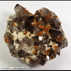 Mineral Specimen: Smoky Quartz, Spessartine Garnet, Chlorite Coated Muscovite, Microcline from Tongbei, Fujian, China Mineral Specimen: Smoky Quartz, Spessartine Garnet, Chlorite Coated Muscovite, Microcline from Tongbei, Fujian, China