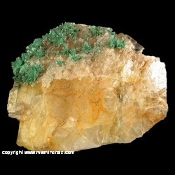 Minerals Specimen: Brochantite coated with Clear Calcite on Barite from Blanchard Mine, Bingham, Hansonburg District, Socorro Co., New Mexico