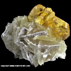 Minerals Specimen: Golden Barite on Calcite from Meikle Mine, Goldstrike Mines, Bootstrap Mining District, Elko Co., Nevada Minerals Specimen: Golden Barite on Calcite from Meikle Mine, Goldstrike Mines, Bootstrap Mining District, Elko Co., Nevada