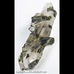 Minerals Specimen: Epidote Included in Double Terminated Quartz from Fazenda Rubin Pimenta Mine, Capelinha, Jequitinhonha valley, Minas Gerais, Brazil