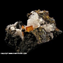 Mineral Specimen: Wulfenite, Calcite, minor Mimetite from Mina San Carlos, San Carlos, Mun. de Manuel Benavides, Chihuahua, Mexico