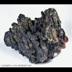 Mineral Specimen: Hetaerolite on Stalactic Hematite, Calcite, Calcite with Included Hematite from Mapimi, Municipio de Mapimi, Durango, Mexico Mineral Specimen: Hetaerolite on Stalactic Hematite, Calcite, Calcite with Included Hematite from Mapimi, Municipio de Mapimi, Durango, Mexico