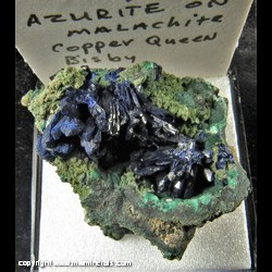 Mineral Specimen: Azurite on Malachite, Small Calcite crystals from Copper Queen Mine, Warren District, Mule Mts, Cochise Co., Arizona Mineral Specimen: Azurite on Malachite, Small Calcite crystals from Copper Queen Mine, Warren District, Mule Mts, Cochise Co., Arizona