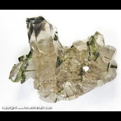 Mineral Specimen: Epidote on and Included in Quartz from Fazenda Rubin Pimenta Mine, Capelinha, Jequitinhonha valley, Minas Gerais, Brazil Mineral Specimen: Epidote on and Included in Quartz from Fazenda Rubin Pimenta Mine, Capelinha, Jequitinhonha valley, Minas Gerais, Brazil