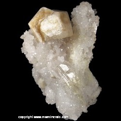 Mineral Specimen: Calcite on Quartz on Danburite with minor Sulfides from Mina Aurora, Charcas, San Luis Potosi, Mexico