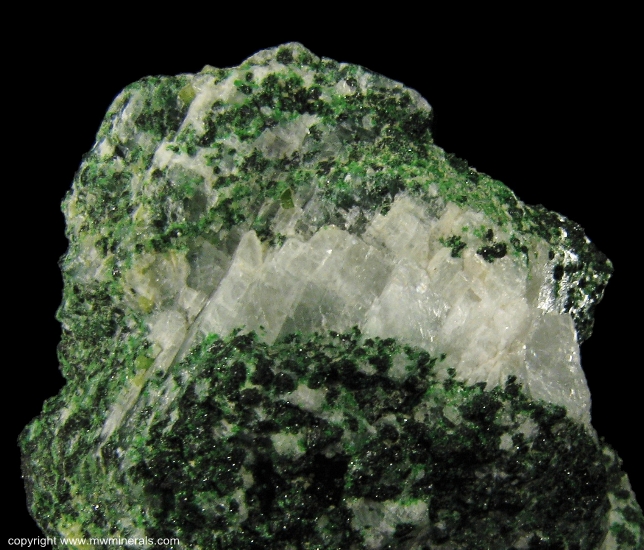 Mineral Specimen: Chrome Grossular Garnet, Chromite on Calcite from Orford Nickel mine, St-Denis-de-Brompton, Sherbrooke County, Quebec, Canada