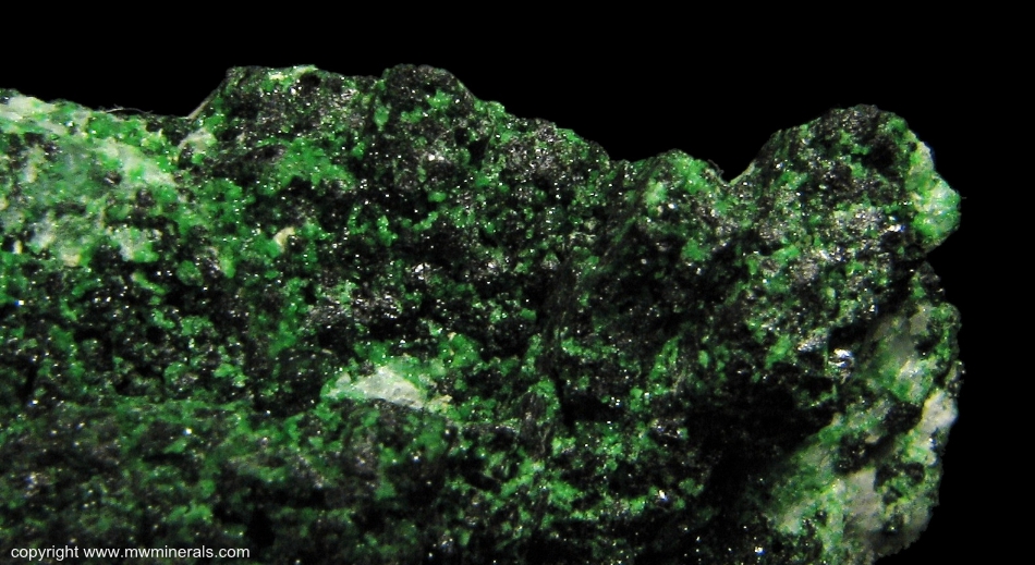 Mineral Specimen: Chrome Grossular Garnet, Chromite on Calcite from Orford Nickel mine, St-Denis-de-Brompton, Sherbrooke County, Quebec, Canada