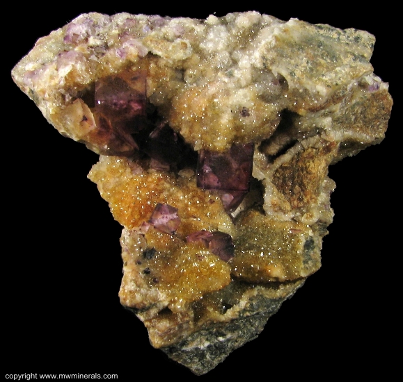 Mineral Specimen: Fluorite on Druzy Quartz from W.L. Davis-Deardorff Mine, Ozark-Mahoning Group, Cave-In-Rock Sub-District, Hardin County, Illinois, USA