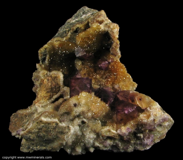 Mineral Specimen: Fluorite on Druzy Quartz from W.L. Davis-Deardorff Mine, Ozark-Mahoning Group, Cave-In-Rock Sub-District, Hardin County, Illinois, USA
