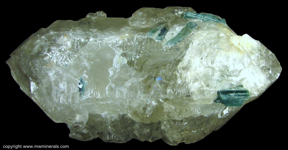Mineral Specimen: Indicolite Tourmaline (Elbaite) on/in Double Terminated Quartz from Mina Santa Rosa, Minas Gerais, Brazil