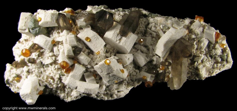 Mineral Specimen: Spessartine Garnet on Microcline with Smoky Quartz from Tongbei, Yunxiao County, Zhangzhou Prefecture, Fujian Province, China