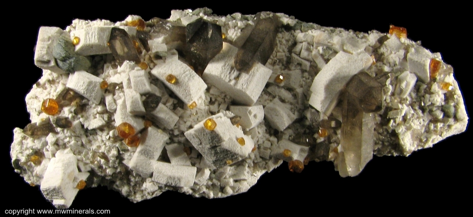 Mineral Specimen: Spessartine Garnet on Microcline with Smoky Quartz from Tongbei, Yunxiao County, Zhangzhou Prefecture, Fujian Province, China