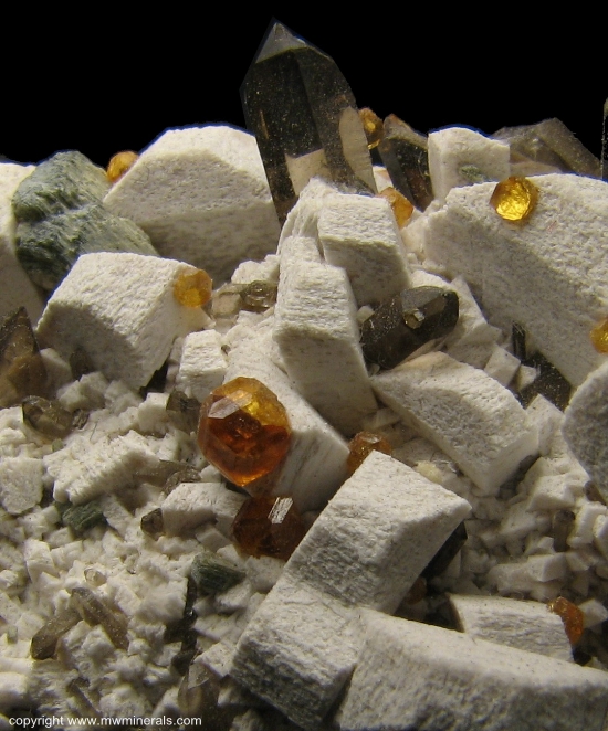 Mineral Specimen: Spessartine Garnet on Microcline with Smoky Quartz from Tongbei, Yunxiao County, Zhangzhou Prefecture, Fujian Province, China