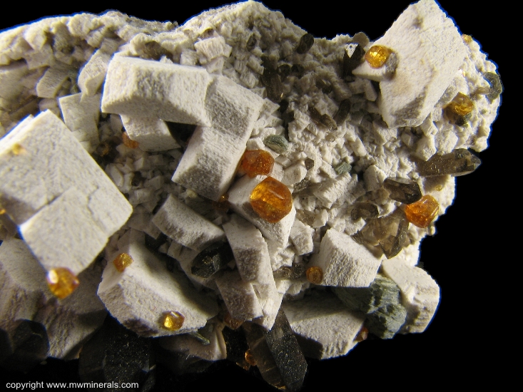 Mineral Specimen: Spessartine Garnet on Microcline with Smoky Quartz from Tongbei, Yunxiao County, Zhangzhou Prefecture, Fujian Province, China