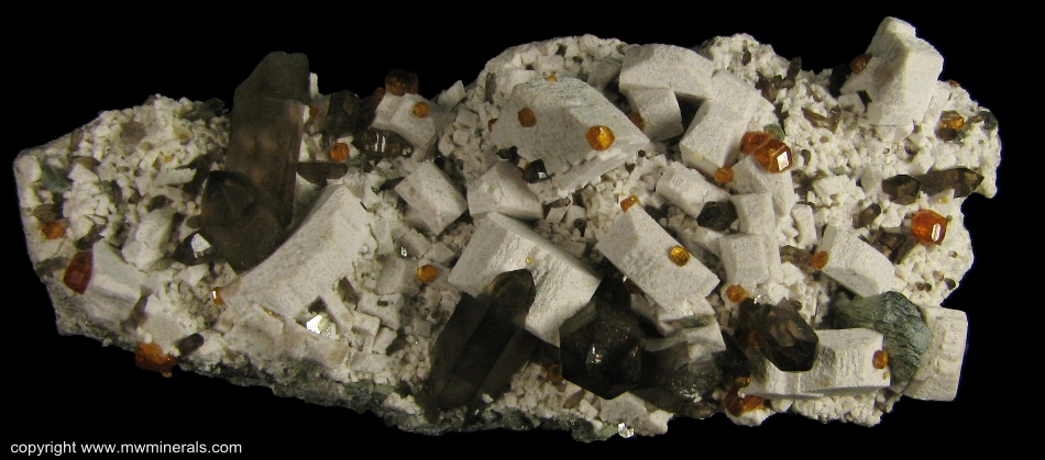 Mineral Specimen: Spessartine Garnet on Microcline with Smoky Quartz from Tongbei, Yunxiao County, Zhangzhou Prefecture, Fujian Province, China