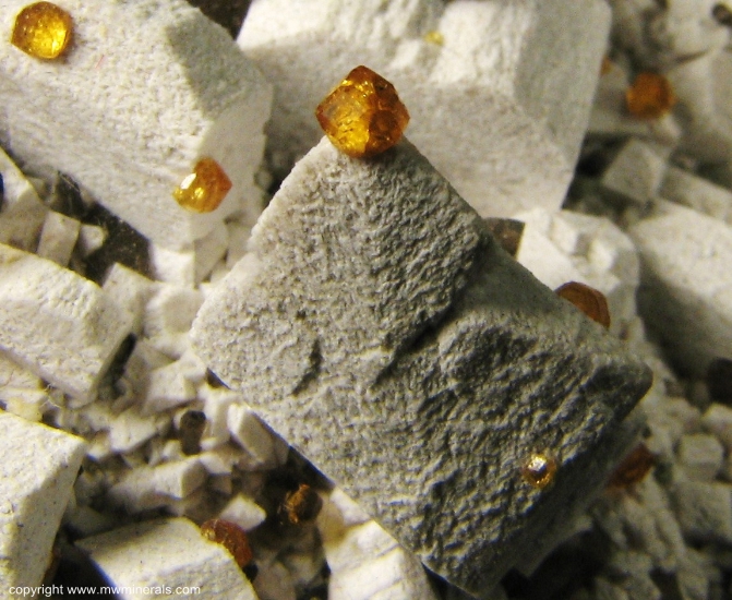 Mineral Specimen: Spessartine Garnet on Microcline with Smoky Quartz from Tongbei, Yunxiao County, Zhangzhou Prefecture, Fujian Province, China