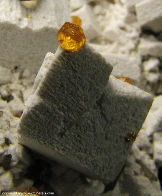 Mineral Specimen: Spessartine Garnet on Microcline with Smoky Quartz from Tongbei, Yunxiao County, Zhangzhou Prefecture, Fujian Province, China