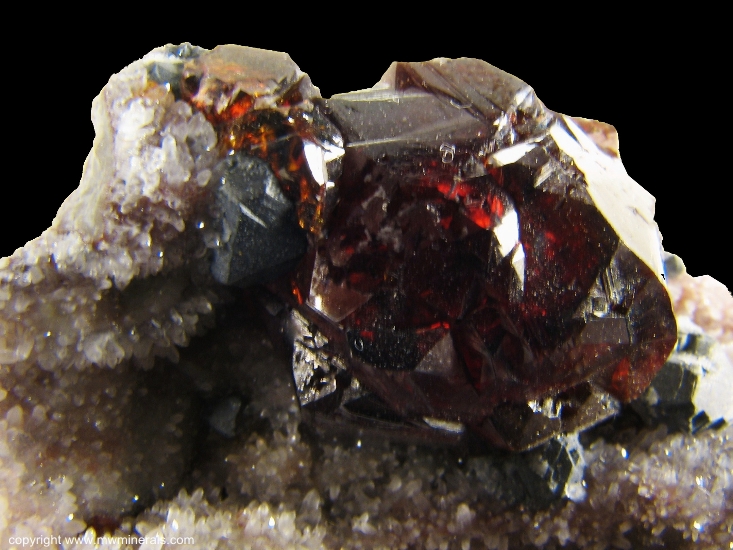 Mineral Specimen: Gemmy Red Sphalerite on Quartz with Galena from Lechang Mine, Lechang Co., Shaoguan Prefecture, Guangdong Province, China