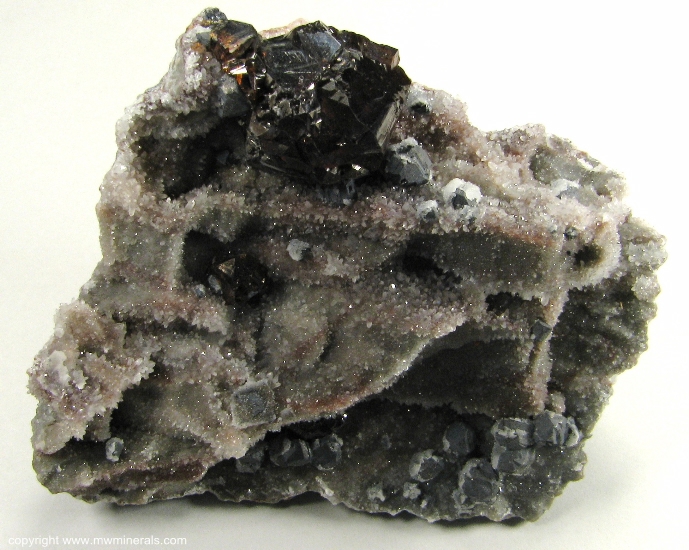 Mineral Specimen: Gemmy Red Sphalerite on Quartz with Galena from Lechang Mine, Lechang Co., Shaoguan Prefecture, Guangdong Province, China