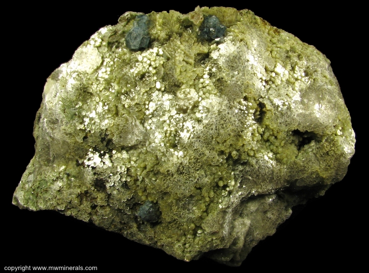 Mineral Specimen: Blue Fluorapatite on Green Muscovite from Emmons Quarry, Uncle Tom Mountain, Greenwood, Oxford Co., Maine, USA