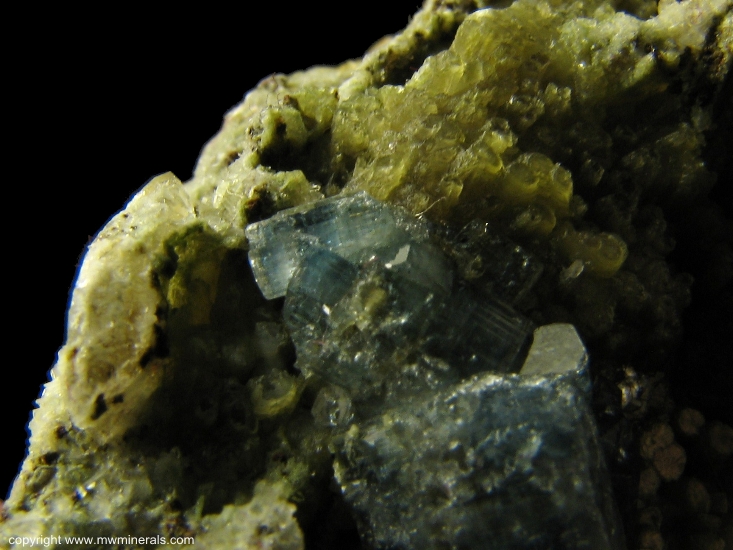 Mineral Specimen: Blue Fluorapatite on Green Muscovite from Emmons Quarry, Uncle Tom Mountain, Greenwood, Oxford Co., Maine, USA