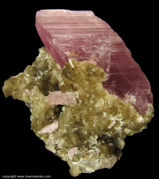 Mineral Specimen: Pink Tourmaline and Stilbite from Himalaya Mine, San Diego County, California, USA