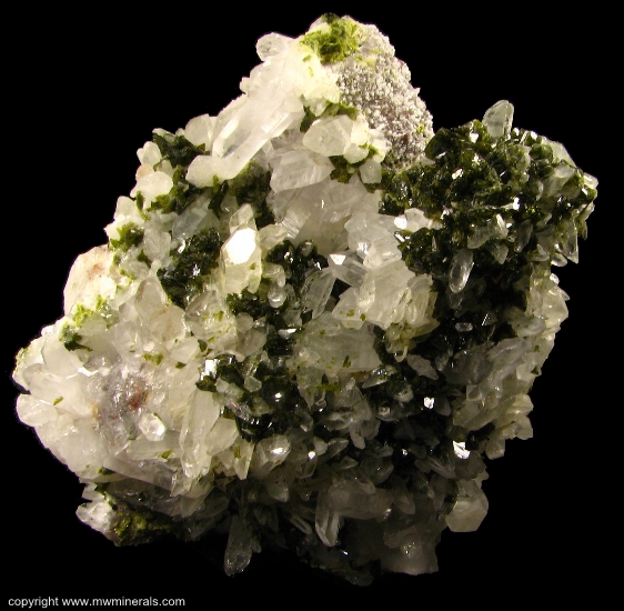 Mineral Specimen: Epidote on Quartz Stalactites from Xichang Mine, Xichang County, Liangshan Autonomous Prefecture, Sichuan Province, China