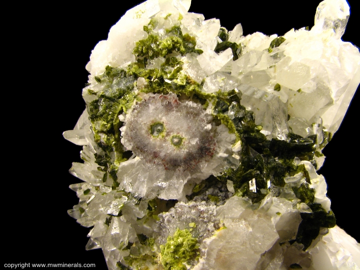 Mineral Specimen: Epidote on Quartz Stalactites from Xichang Mine, Xichang County, Liangshan Autonomous Prefecture, Sichuan Province, China