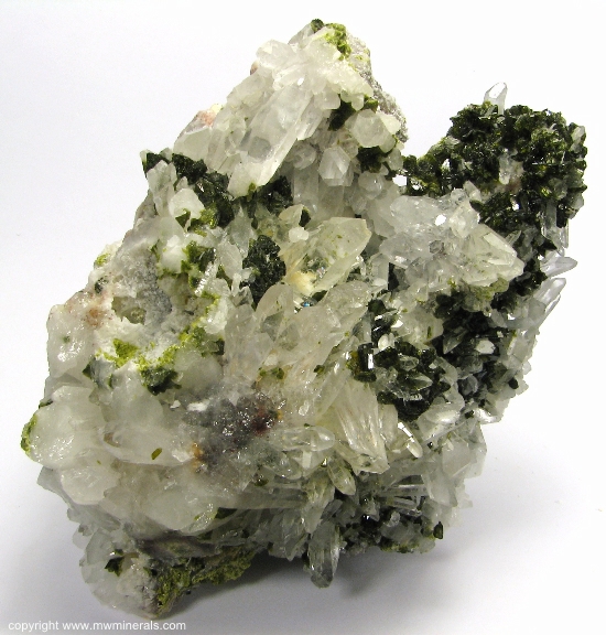 Mineral Specimen: Epidote on Quartz Stalactites from Xichang Mine, Xichang County, Liangshan Autonomous Prefecture, Sichuan Province, China