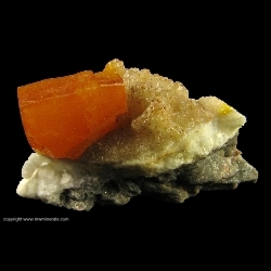 Minerals Specimen: Wulfenite on Calcite from Erupcion Mine, Ahumada, Sierra de Los Lamentos, Chihuahua, Mexico Minerals Specimen: Wulfenite on Calcite from Erupcion Mine, Ahumada, Sierra de Los Lamentos, Chihuahua, Mexico
