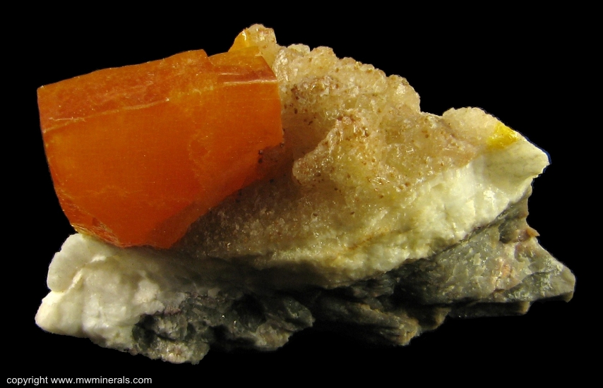 Mineral Specimen: Wulfenite on Calcite from Erupcion Mine, Ahumada, Sierra de Los Lamentos, Chihuahua, Mexico