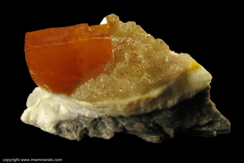 Mineral Specimen: Wulfenite on Calcite from Erupcion Mine, Ahumada, Sierra de Los Lamentos, Chihuahua, Mexico