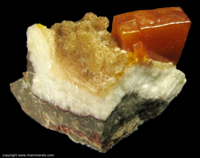 Mineral Specimen: Wulfenite on Calcite from Erupcion Mine, Ahumada, Sierra de Los Lamentos, Chihuahua, Mexico