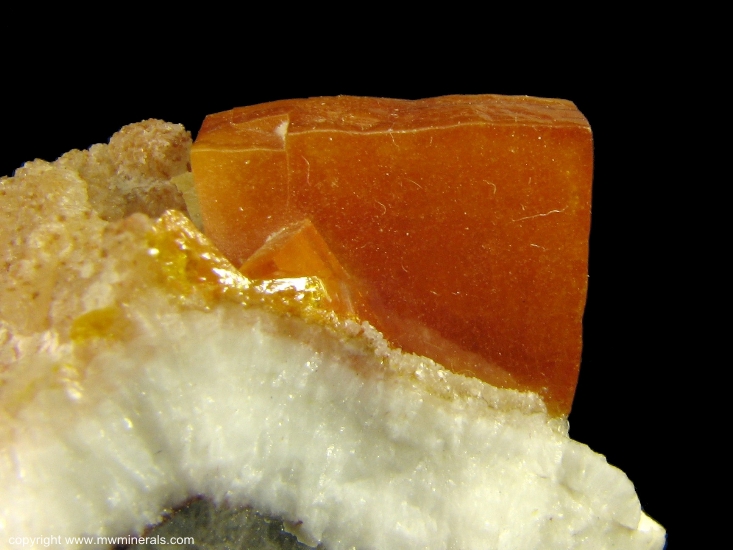 Mineral Specimen: Wulfenite on Calcite from Erupcion Mine, Ahumada, Sierra de Los Lamentos, Chihuahua, Mexico