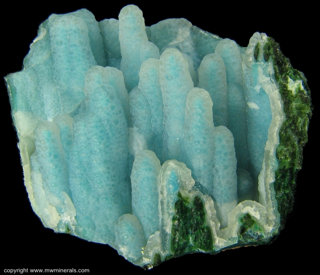 Mineral Specimen: Chalcedony over Chrysocolla over Malachite Stalactites from Ray Mine, Mineral Creek District, Dripping Spring Mountains, Pinal County, Arizona