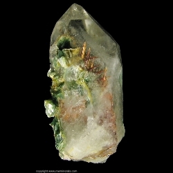 Minerals Specimen: Quartz with included Sagenite Rutile (Twinned) and Muscovite variety Fuschite from Junco District, Malacacheta, Minas Gerais, Brazil Minerals Specimen: Quartz with included Sagenite Rutile (Twinned) and Muscovite variety Fuschite from Junco District, Malacacheta, Minas Gerais, Brazil