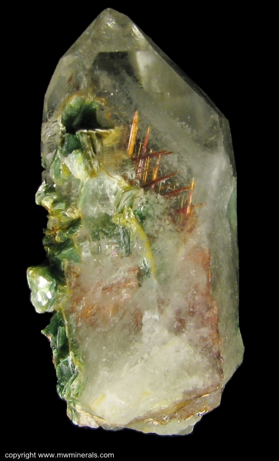 Mineral Specimen: Quartz with included Sagenite Rutile (Twinned)  and Muscovite variety Fuschite from Junco District, Malacacheta, Minas Gerais, Brazil