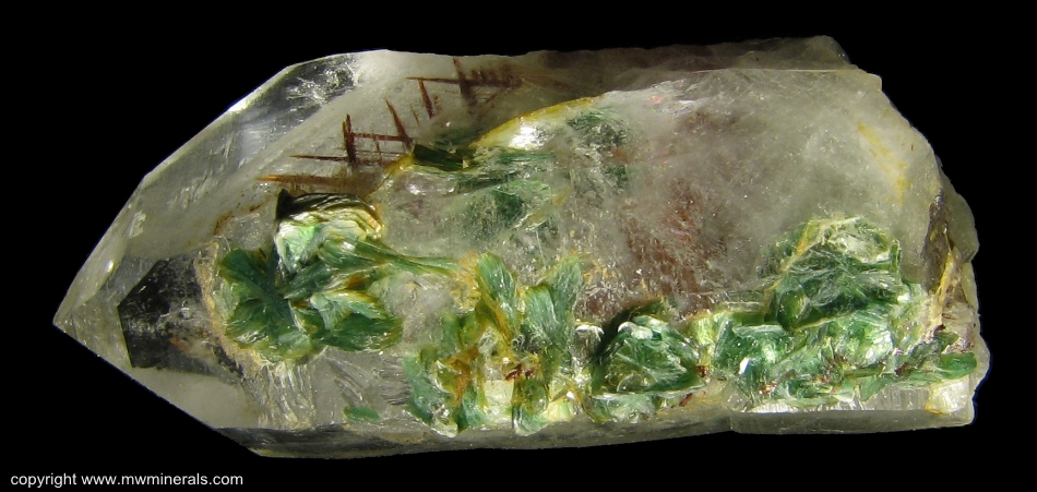 Mineral Specimen: Quartz with included Sagenite Rutile (Twinned)  and Muscovite variety Fuschite from Junco District, Malacacheta, Minas Gerais, Brazil