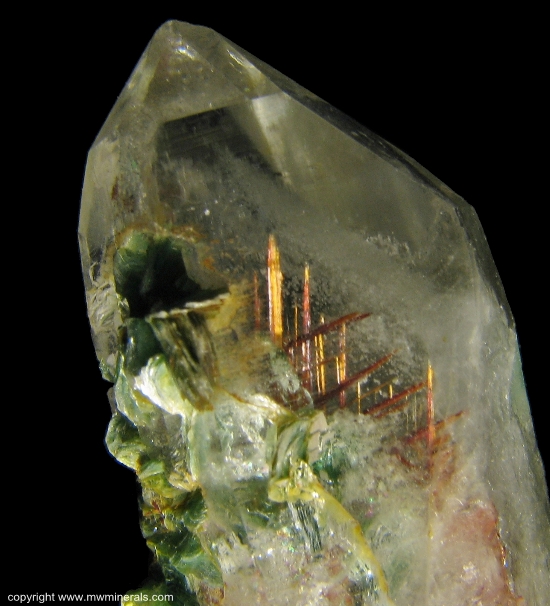 Mineral Specimen: Quartz with included Sagenite Rutile (Twinned)  and Muscovite variety Fuschite from Junco District, Malacacheta, Minas Gerais, Brazil