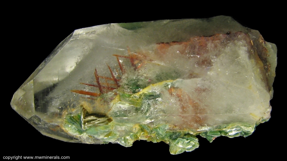 Mineral Specimen: Quartz with included Sagenite Rutile (Twinned)  and Muscovite variety Fuschite from Junco District, Malacacheta, Minas Gerais, Brazil