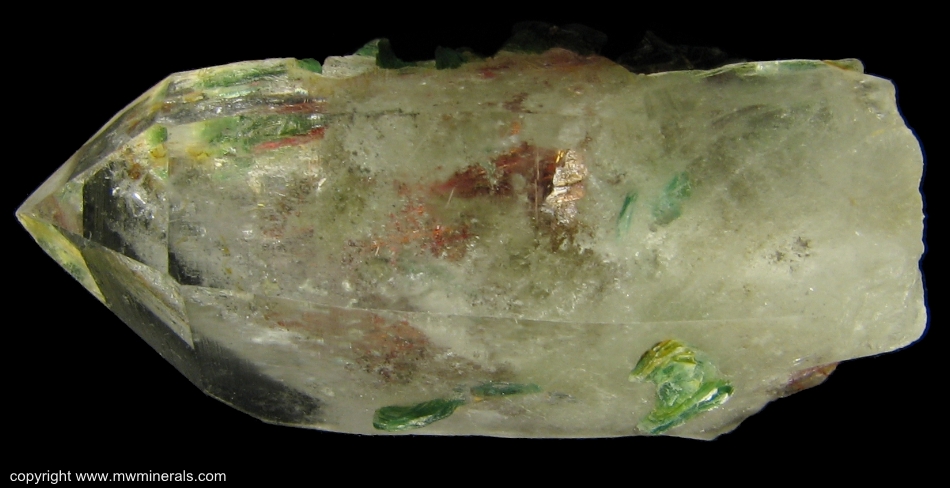 Mineral Specimen: Quartz with included Sagenite Rutile (Twinned)  and Muscovite variety Fuschite from Junco District, Malacacheta, Minas Gerais, Brazil