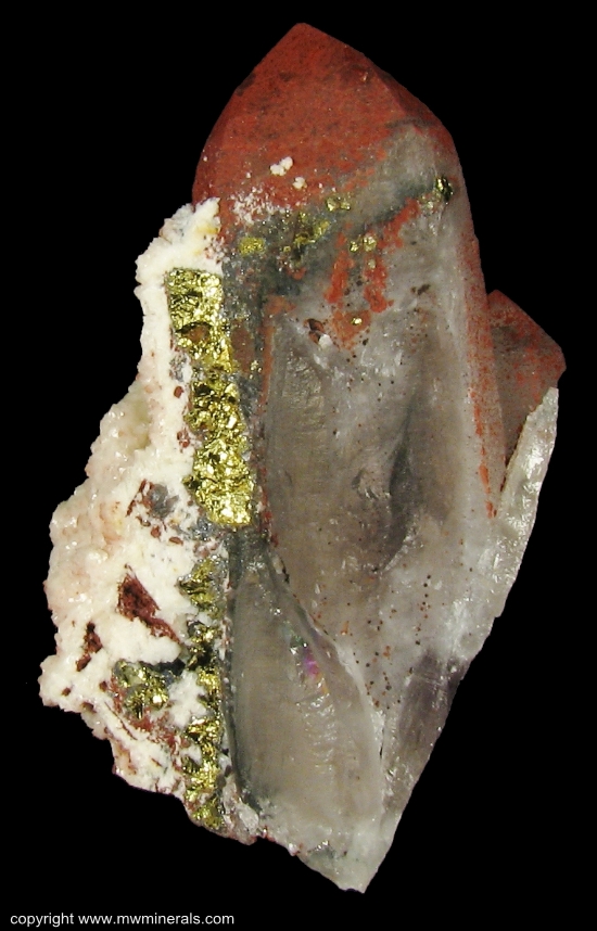 Mineral Specimen: Quartz coated with Hematite with Calcite and Chalcopyrite from Jiu Bao San Mine, Wuhuashan, Jiangxi Province, China